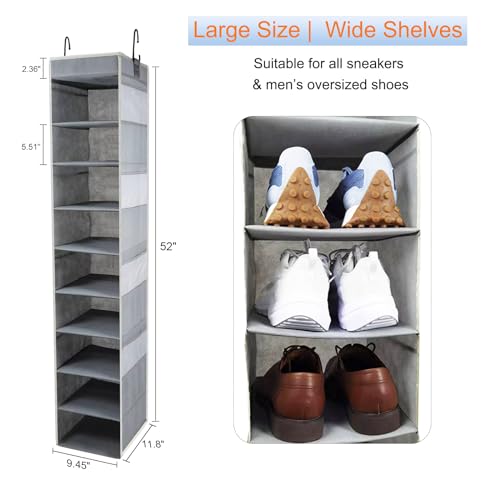 roomtalk Large-Sized Hanging Shoe Organizer 10-Shelf, Sturdy Hanging Closet Organizer with 8 Side Pockets, Wider Hanging Shelves for Storage Shoes Clothes Jeans Shirts Toys, Grey - Image 2