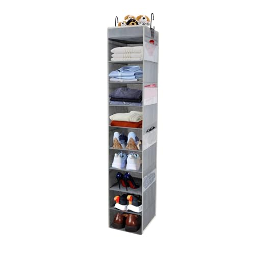 roomtalk Large-Sized Hanging Shoe Organizer 10-Shelf, Sturdy Hanging Closet Organizer with 8 Side Pockets, Wider Hanging Shelves for Storage Shoes Clothes Jeans Shirts Toys, Grey - Image 1