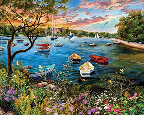 White Mountain 1000 Piece Jigsaw Puzzle Scenic Spring Sail Boat Puzzles with Large Pieces Gift for Adults and Family 24x30 Quiet Harbor - Image 1