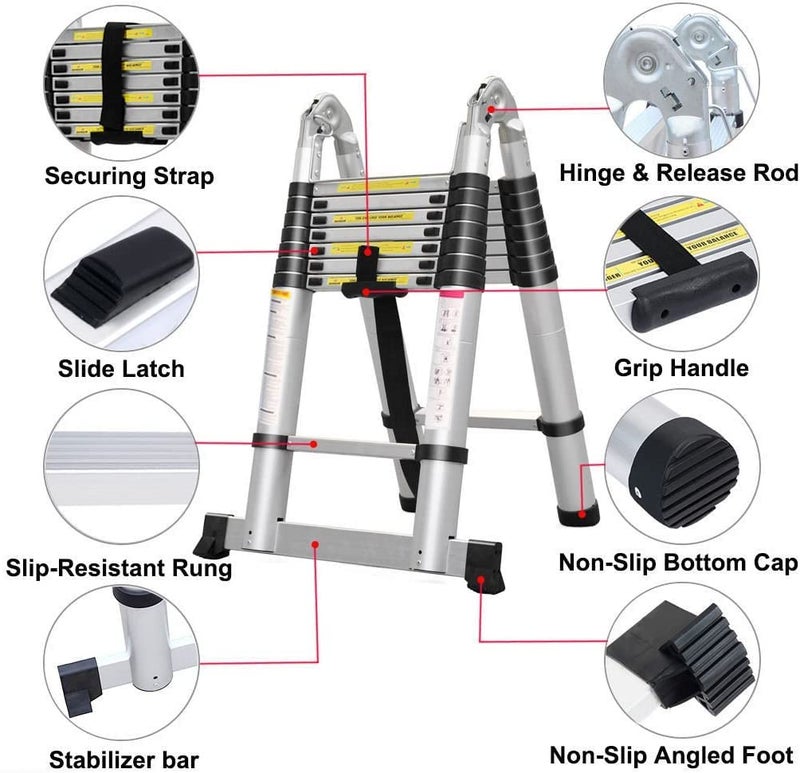 Inditradition A-Type Aluminium Telescopic Ladder | 2 in 1 Single & Double Side Convertible | EN131 Certified (10.25 x 10.25 Feet | 10+10 Steps) - Image 5