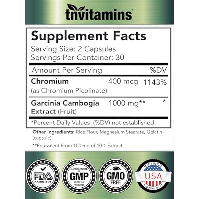 tnvitamins Garcinia Cambogia Extract Capsules (1000 MG x 60 Pills) with Chromium | Weight Loss Pills for Women & Men* | Appetite Suppressant for Weight Loss - Image 2