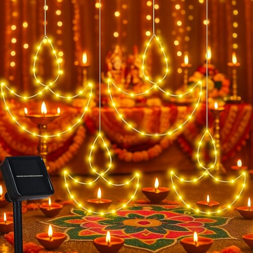 Riakrum 4 Pcs Solar Diya Diwali Lights Hanging Diwali Decorations for Home Hanging Deepavali Solar Lights Indoor Outdoor Warm Light Waterproof Diya Shape Indian Decorations for Yard Garden Home Decor - Image 1
