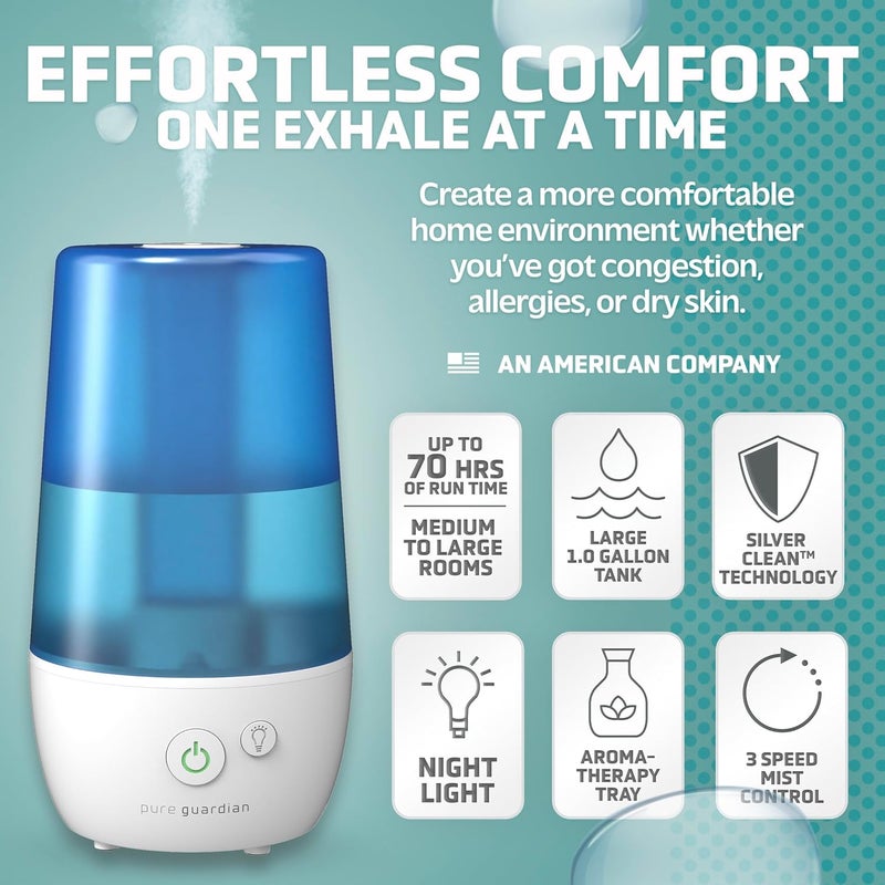 PureGuardian PureGuardian H965AR Ultrasonic Cool Mist Humidifier 70 Hrs Run Time 1 Gal Tank Capacity 320 Sq Ft Coverage Small Rooms Filter Free Silver Clean Treated Tank Includes Essential Oil Tray  - Image 2