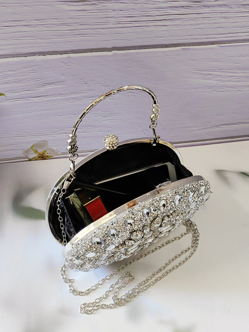 Selling Manufacturers Shiny Diamond Round Clip-On Handbag Ladies Evening Bag Bride Bag With Chain - Image 4