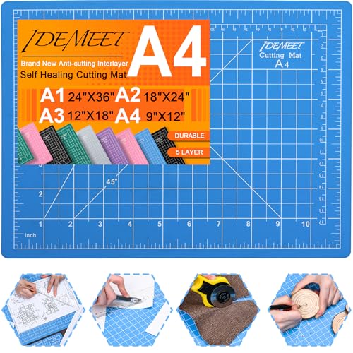 Idemeet Density-upgraded 9"x12" Self Healing Cutting Mat, Idemeet Rotary Sewing Mat for Crafts, 5-Ply Blade Table Protector Cut Board for Fabric Leather Cutting Quilting Modeling Hobby Project, A4, Blue - Image 1