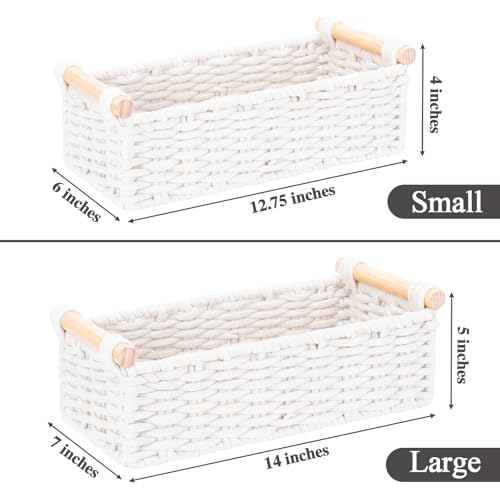 Jukercici Boho Cotton Rope Storage Baskets Set of 2, Woven Wicker Organizer Bins with Wooden Handles, Small Decorative Boxes for Organizing, Toilet Paper Baskets for Bathroom Countertop, Shelves (White 2 Pack) - Image 2