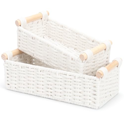 Jukercici Boho Cotton Rope Storage Baskets Set of 2, Woven Wicker Organizer Bins with Wooden Handles, Small Decorative Boxes for Organizing, Toilet Paper Baskets for Bathroom Countertop, Shelves (White 2 Pack) - Image 1