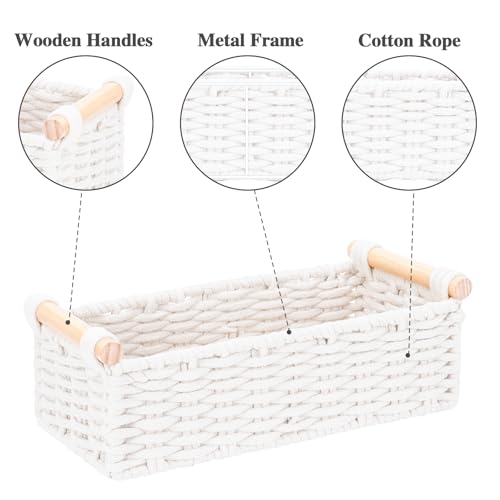 Jukercici Boho Cotton Rope Storage Baskets Set of 2, Woven Wicker Organizer Bins with Wooden Handles, Small Decorative Boxes for Organizing, Toilet Paper Baskets for Bathroom Countertop, Shelves (White 2 Pack) - Image 4
