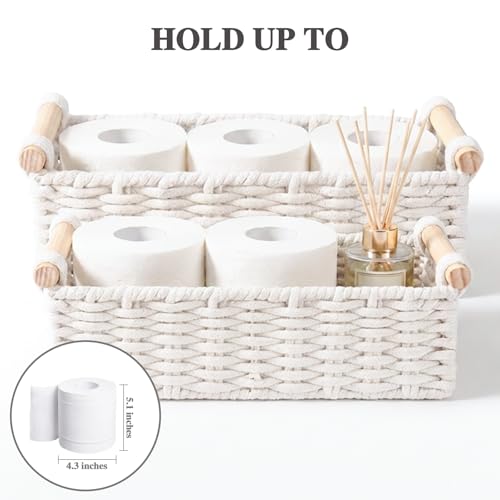 Jukercici Boho Cotton Rope Storage Baskets Set of 2, Woven Wicker Organizer Bins with Wooden Handles, Small Decorative Boxes for Organizing, Toilet Paper Baskets for Bathroom Countertop, Shelves (White 2 Pack) - Image 3