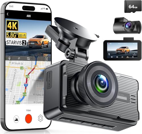 JOMISE A80-T Dash Cam Front and Rear 4K, Touch Button Dual Control, STARVIS 2 IMX675, 5GHz WiFi 20MB/s Download, Dash Camera for Cars with 3.18" Screen, 64GB Card Included - Image 1