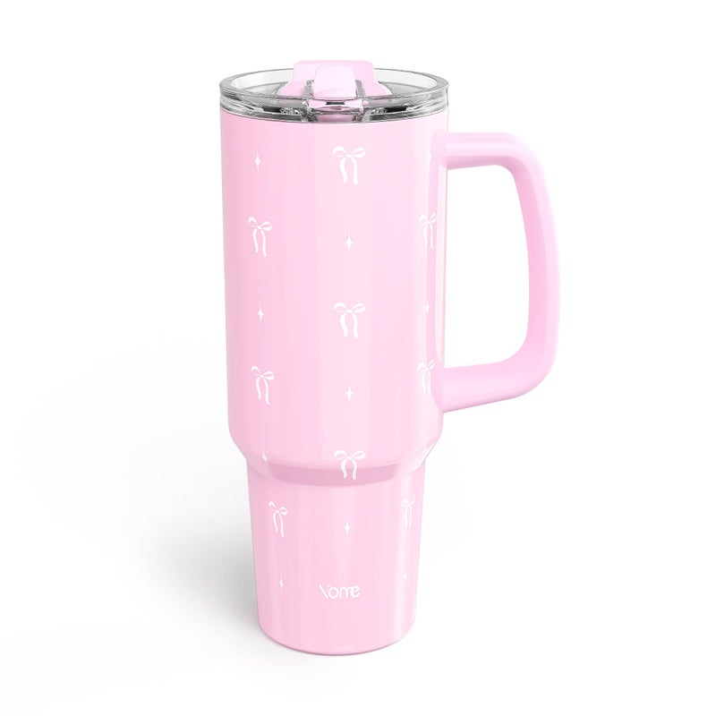YOME 40 oz Bow Pink Tumbler with Handle and Flip Straw for Women | Stainless Steel Insulated Water Bottle | Keeps Drinks Cold | Dishwasher Safe | Cupholder Friendly | Gift Gym Travel Yoga - Image 1