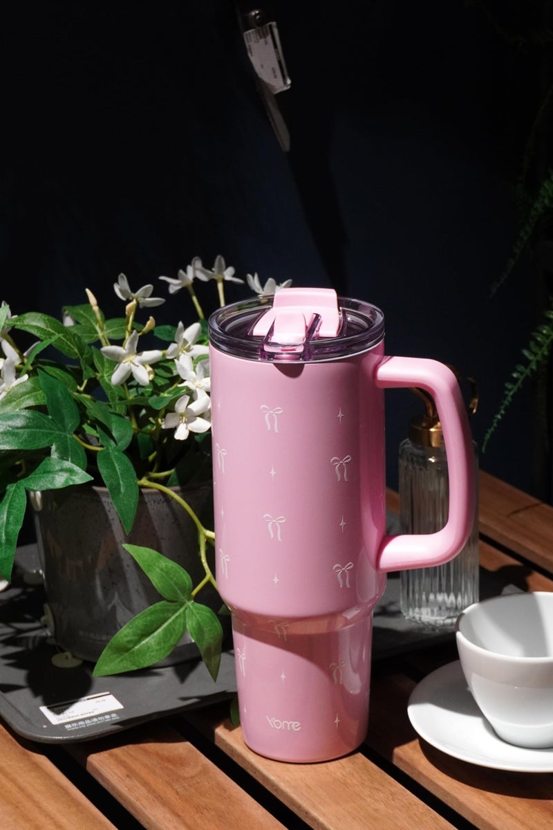 YOME 40 oz Bow Pink Tumbler with Handle and Flip Straw for Women | Stainless Steel Insulated Water Bottle | Keeps Drinks Cold | Dishwasher Safe | Cupholder Friendly | Gift Gym Travel Yoga - Image 2
