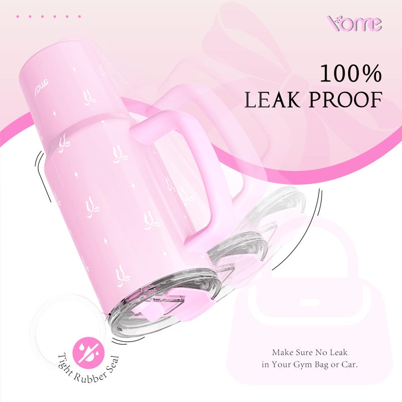 YOME 40 oz Bow Pink Tumbler with Handle and Flip Straw for Women | Stainless Steel Insulated Water Bottle | Keeps Drinks Cold | Dishwasher Safe | Cupholder Friendly | Gift Gym Travel Yoga - Image 5