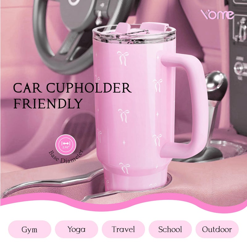 YOME 40 oz Bow Pink Tumbler with Handle and Flip Straw for Women | Stainless Steel Insulated Water Bottle | Keeps Drinks Cold | Dishwasher Safe | Cupholder Friendly | Gift Gym Travel Yoga - Image 3