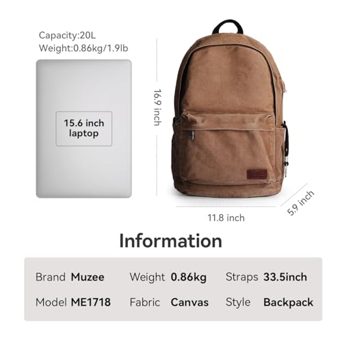 Muzee Muzze Canvas Backpack for Women and Men, Lightweight Classic Laptop Backpack with USB Charging Port for School, Travel and Daily Use, Khaki - Image 2