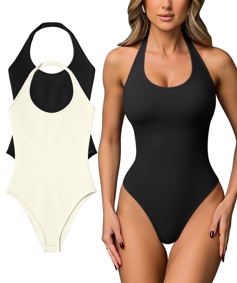 OQQ Women Halter Neck Bodysuits 2 Pack Sleeveless Shapewear One Piece Leotard Shirt Going Out Tops Black Beige - Image 1