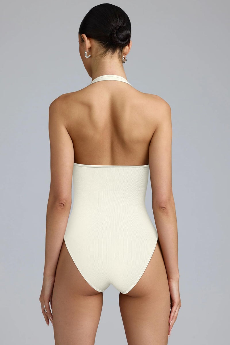 OQQ Women Halter Neck Bodysuits 2 Pack Sleeveless Shapewear One Piece Leotard Shirt Going Out Tops Black Beige - Image 3