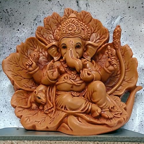 KariGhar Polyresin Ganesh Ganpati ji Idol for Car Dashboard | Jaswant Showflower | House Warming | Drawing Room | Bedroom Puja Ghar | Gifting & Decoration (Brown, 11 x 14 x 8 Cm) - Image 1