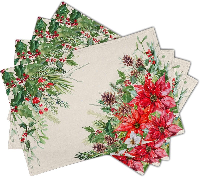Giwawa Poinsettia Placemats Set of 4 12x18 Inch Watercolor Christmas Red Floral Linen Table Mats for Kitchen Dining Winter Holly Berry Pine Cones Washable Heat Resistance for Party Holiday Decor - Image 2