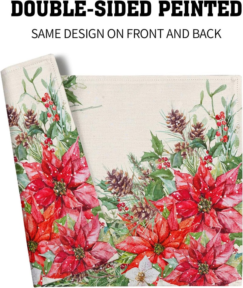 Giwawa Poinsettia Placemats Set of 4 12x18 Inch Watercolor Christmas Red Floral Linen Table Mats for Kitchen Dining Winter Holly Berry Pine Cones Washable Heat Resistance for Party Holiday Decor - Image 5