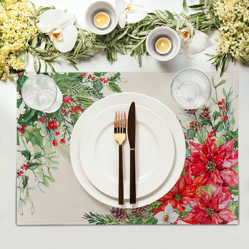 Giwawa Poinsettia Placemats Set of 4 12x18 Inch Watercolor Christmas Red Floral Linen Table Mats for Kitchen Dining Winter Holly Berry Pine Cones Washable Heat Resistance for Party Holiday Decor - Image 3