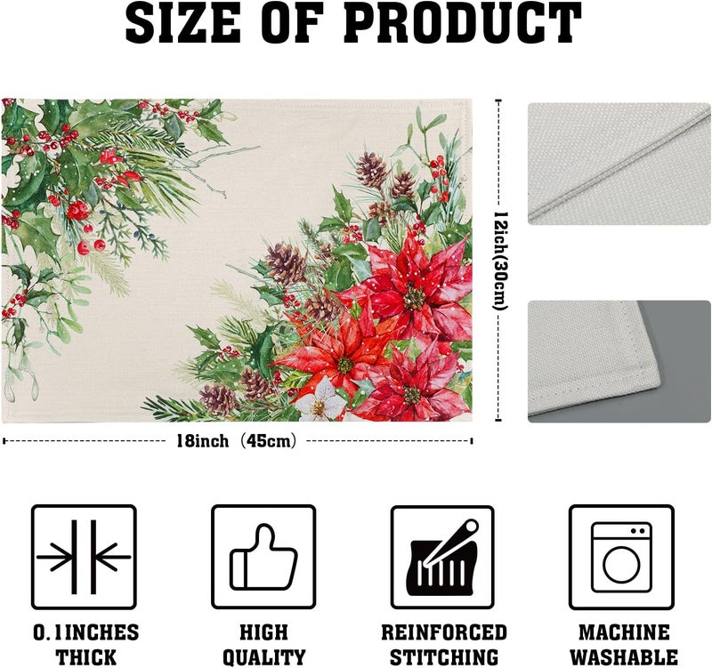 Giwawa Poinsettia Placemats Set of 4 12x18 Inch Watercolor Christmas Red Floral Linen Table Mats for Kitchen Dining Winter Holly Berry Pine Cones Washable Heat Resistance for Party Holiday Decor - Image 4