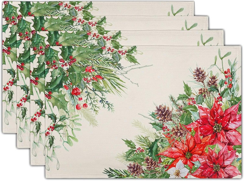 Giwawa Poinsettia Placemats Set of 4 12x18 Inch Watercolor Christmas Red Floral Linen Table Mats for Kitchen Dining Winter Holly Berry Pine Cones Washable Heat Resistance for Party Holiday Decor - Image 1
