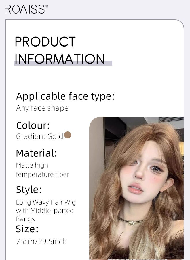 رويس باروكة شعر طويلة مموجة ذهبية متدرجة للنساء مع غرة منقسمة من المنتصف، شعر صناعي رقيق ومموج، تصفيف طبيعي، ألياف مقاومة للحرارة، مناسبة للاستخدام اليومي في الحفلات، 75 سم (29.5 بوصة) - Image 2