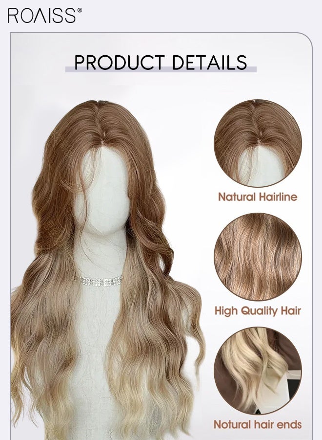 رويس باروكة شعر طويلة مموجة ذهبية متدرجة للنساء مع غرة منقسمة من المنتصف، شعر صناعي رقيق ومموج، تصفيف طبيعي، ألياف مقاومة للحرارة، مناسبة للاستخدام اليومي في الحفلات، 75 سم (29.5 بوصة) - Image 5