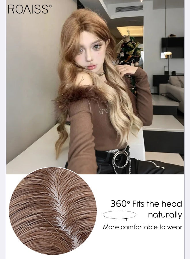 رويس باروكة شعر طويلة مموجة ذهبية متدرجة للنساء مع غرة منقسمة من المنتصف، شعر صناعي رقيق ومموج، تصفيف طبيعي، ألياف مقاومة للحرارة، مناسبة للاستخدام اليومي في الحفلات، 75 سم (29.5 بوصة) - Image 3