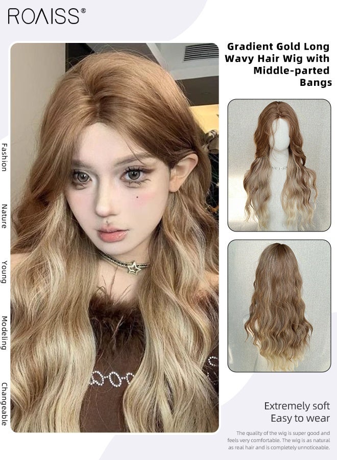 رويس باروكة شعر طويلة مموجة ذهبية متدرجة للنساء مع غرة منقسمة من المنتصف، شعر صناعي رقيق ومموج، تصفيف طبيعي، ألياف مقاومة للحرارة، مناسبة للاستخدام اليومي في الحفلات، 75 سم (29.5 بوصة) - Image 1