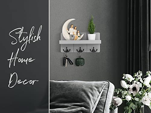 Rebee Vision Decorative Key Holder for Wall Stylish Farmhouse Mail Organizer Wall Mount with Floating Shelf and 3 Anchor Key Hooks Rustic Home Decor for Entryway Light Gray - Image 3