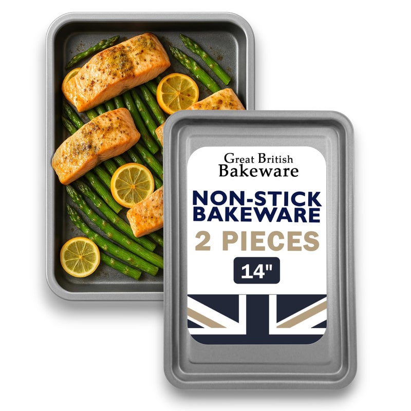 Great British Bakeware 2 Pack 35cm Superior Double Coated Non Stick Large Baking Tray Roasting Tray Carbon Steel Oven Safe PFOA  BPA Free Cookware Made in England