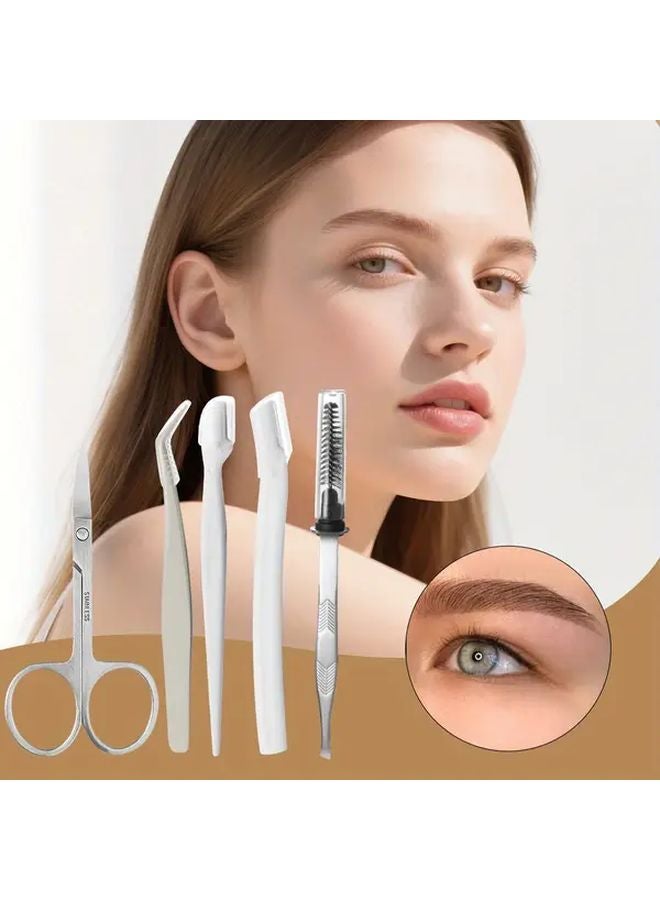 5pcs Eyebrow Styling Set With 2 In 1 Brush Tweezers Razors Scissors For Grooming - Image 1
