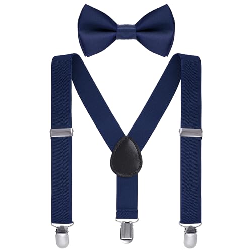 Bskifnn Kids Suspenders Bow Tie Sets Classic Solid Color Toddler Suspenders for Kids Wedding Party (Solid, Navy Blue, kids) - Image 1