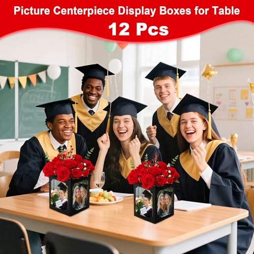 PARAQUIP 12 Pcs Picture Centerpiece Display Boxes for Table, 6/7 Inch Photo Frame Props with Hollow Design for Graduation, Wedding, Birthday, Party Table Decorations, Reusable Black Frames - Image 2