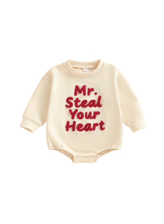 Lucikamy Newborn Baby Boy Girl Valentine's Day Outfits Sweatshirt Romper Infant Long Sleeve Bubble Onesie Spring Clothes, Beige Steal Heart, 0-3 Months - Image 1