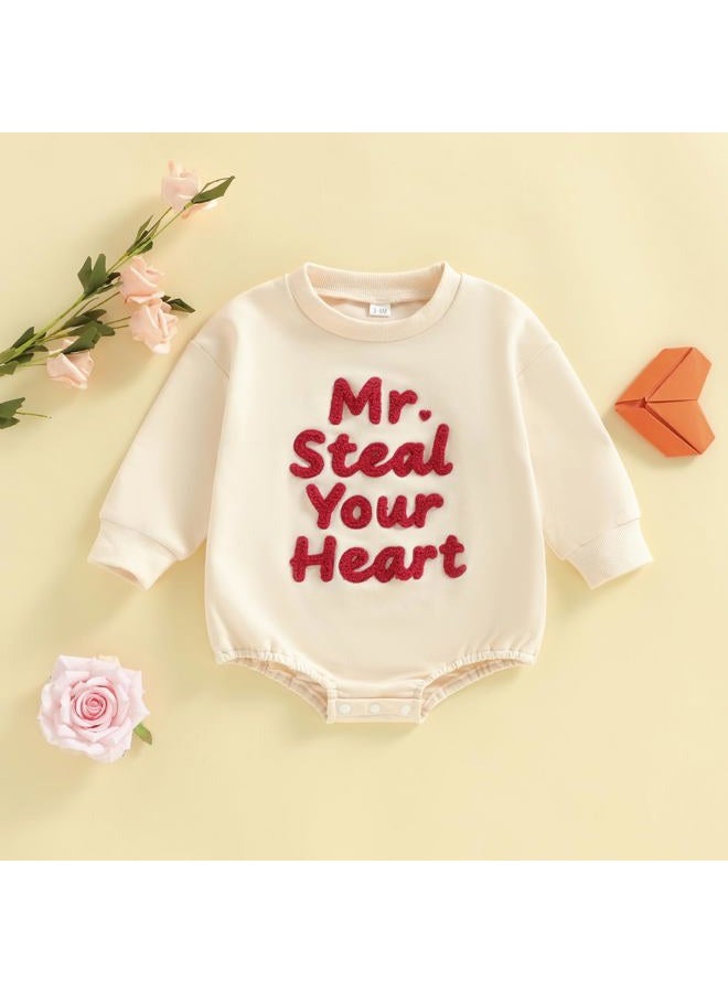 Lucikamy Newborn Baby Boy Girl Valentine's Day Outfits Sweatshirt Romper Infant Long Sleeve Bubble Onesie Spring Clothes, Beige Steal Heart, 0-3 Months - Image 4
