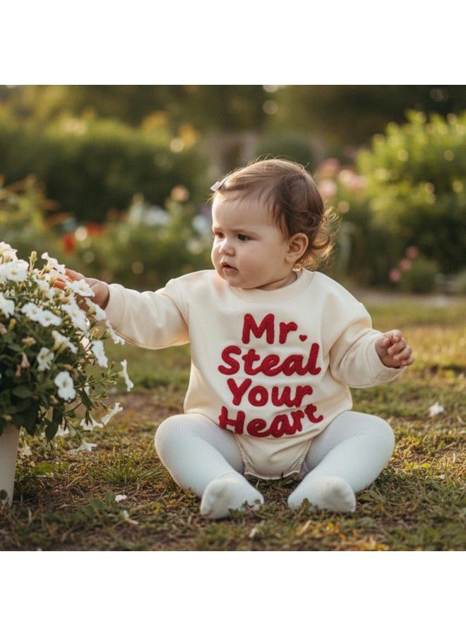 Lucikamy Newborn Baby Boy Girl Valentine's Day Outfits Sweatshirt Romper Infant Long Sleeve Bubble Onesie Spring Clothes, Beige Steal Heart, 0-3 Months - Image 2