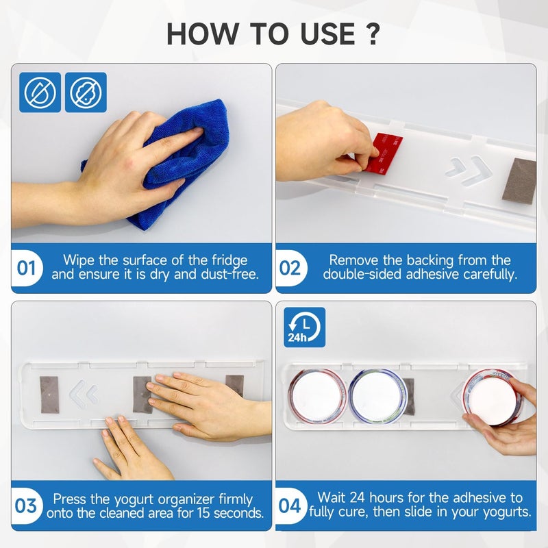 SOPHICO Organizer for Fridge, 4 Capacity Sliders for Refrigerator, Yogurt Holder With Adhesive Tapes for 3.75 Inch Greek and Vegan Yogurt (Transparent, 1 Pack) - Image 4