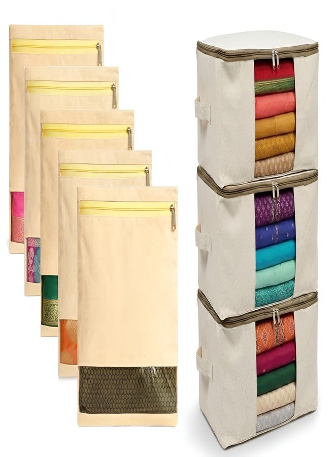Wowtag Garments Storage Combo – 3 Foldable large Organizer Bags, 5 Reusable Saree covers | Dust proof, Breathable Cloth Storage,Wardrobe, Travel & Closet Organization - Image 1