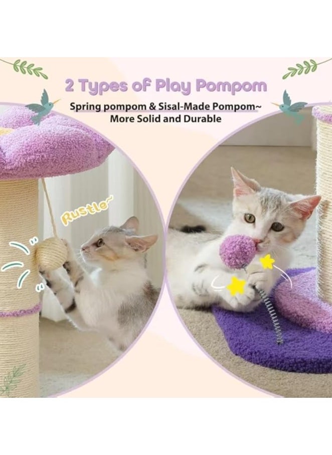 Alissa - Flower Cat Scratching Post, Small Cat Tree, Tall Cat Scratcher for Indoor Cats with Super Thick Scratching Post [Dia=14cm], Flower Cat Bed, Cat Scratch Post with Spring Ball (Purple) - Image 1