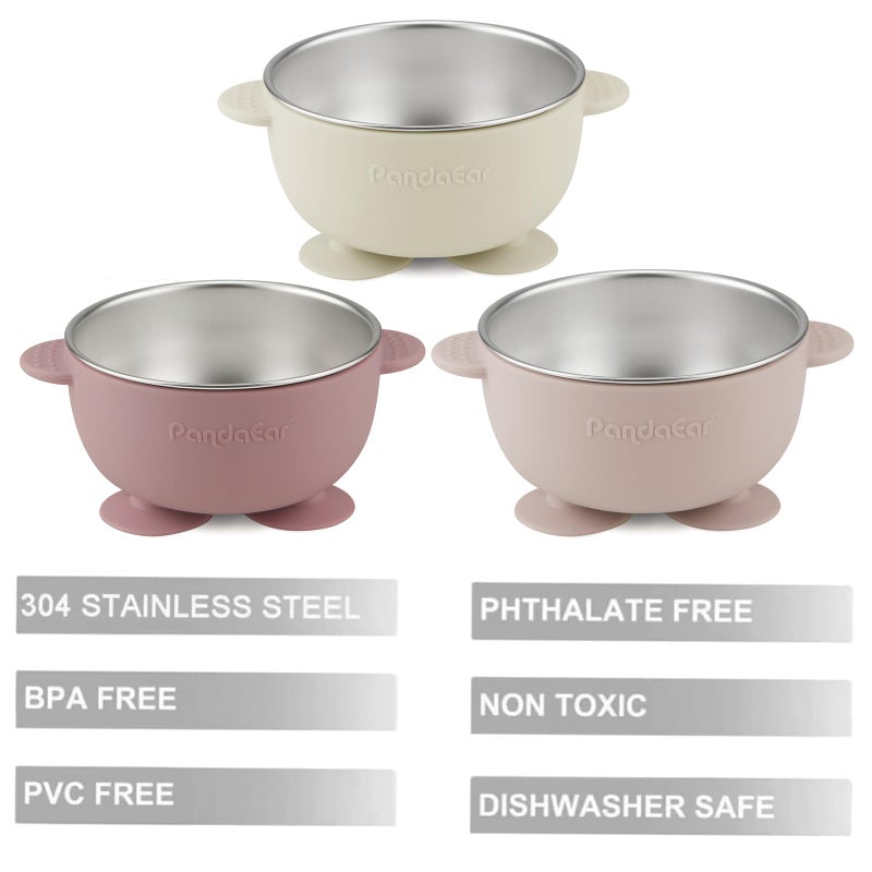 PandaEar 3 Pack Stainless Steel Baby Suction Bowls, Non-Slip Child Food Bowl with Silicone Sleeve for Kids Toddlers Infants, Unbreakable & Mess Free (Pink) - Image 3
