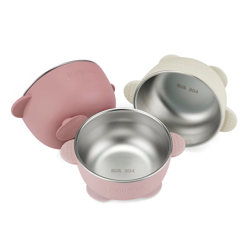 PandaEar 3 Pack Stainless Steel Baby Suction Bowls, Non-Slip Child Food Bowl with Silicone Sleeve for Kids Toddlers Infants, Unbreakable & Mess Free (Pink) - Image 1