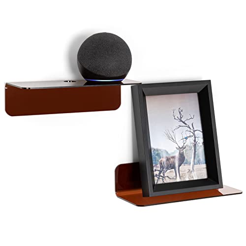 OAprire Acrylic Floating Shelves Set of 2 - Expand Wall Space - 9 Inch Small Adhesive Shelf for Bedroom, Bathroom, Kitchen, Living Room, Office with Cable Clips (Brown) - Image 1
