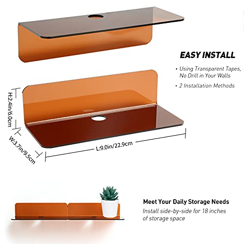 OAprire Acrylic Floating Shelves Set of 2 - Expand Wall Space - 9 Inch Small Adhesive Shelf for Bedroom, Bathroom, Kitchen, Living Room, Office with Cable Clips (Brown) - Image 3