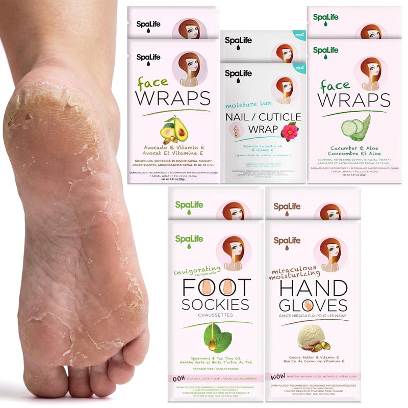 SpaLife 10 Piece Korean Face Mask & Moisturizing Hand Gloves Set | Foot Mask Socks for Dry Cracked Hands & Feet | Korean Skincare Cuticle Repair Mask Women | Self Care Gifts for Women | 10 Pack - Image 1