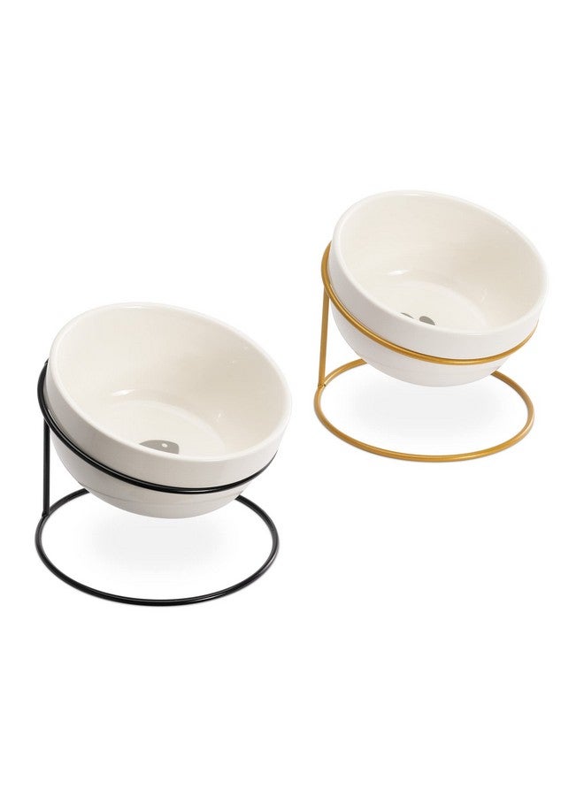 Navaris Tilted Pet Bowls With Stand (Set Of 2)  Elevated Ceramic Cat Food Bowl Set For Cats And Small Dogs With Metal Wire Stands  Black And Gold - Image 1