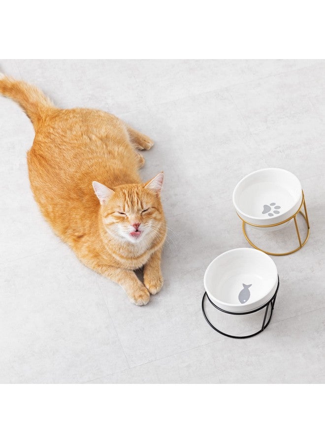 Navaris Tilted Pet Bowls With Stand (Set Of 2)  Elevated Ceramic Cat Food Bowl Set For Cats And Small Dogs With Metal Wire Stands  Black And Gold - Image 2