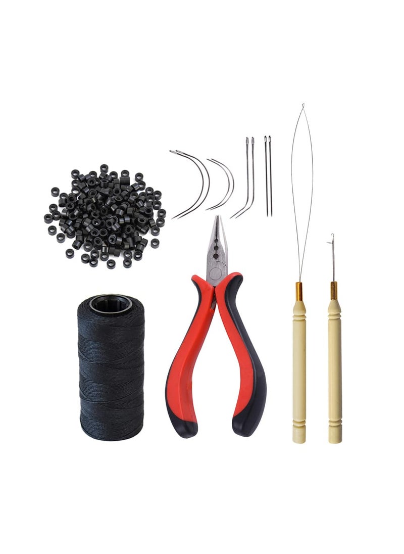 yantaisiyu YANTAISIYU Hair Extensions Tool Kit 200 Pcs Silicone Lined Micro Links Beads 1 Three Hole Hair Pliers 1 Roll Sewing Thread 1 Loop Needle Threader 1 Pulling Hook Needle 8 Sewing Needles Black 